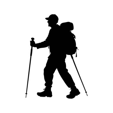 Bir yürüyüşçünün silueti yürüyüş direkleri ile yürüyor ve sırt çantası takıyor.