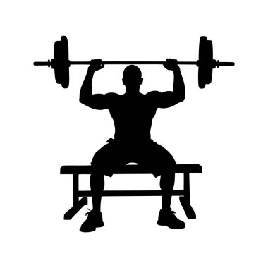 Bir bankta otururken ağırlık kaldıran kaslı bir adamın silueti.