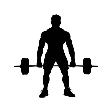 Beyaz bir arkaplana karşı halteri kaldıran kaslı bir adamın silueti