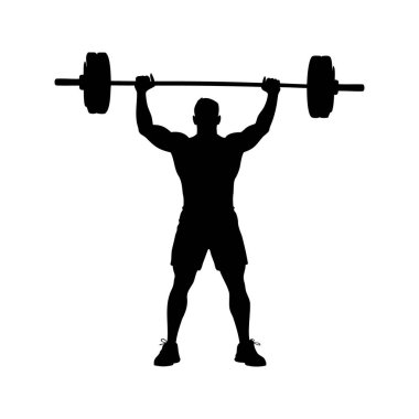 Güçlü adam pozuyla ağır halterleri kaldıran kaslı adamın silueti.