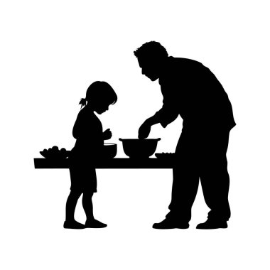 Baba ve kızının silueti mutfakta birlikte çalışıyor.