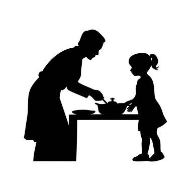 Masada yemek pişiren ya da oynayan bir anne ve kızın silueti.