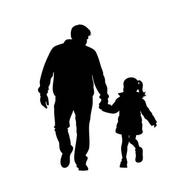 Baba ve Kızın Silueti Birlikte Yürüyor Siyah ve Beyaz El ele tutuşuyor