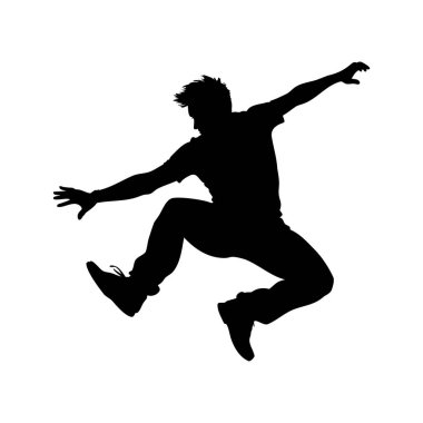 Bir adamın silueti beyaz kollarıyla atlıyor ve uzanıyor.