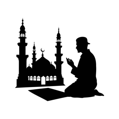 Ramazan ayında cami önünde namaz kılan Müslüman bir adamın silueti.