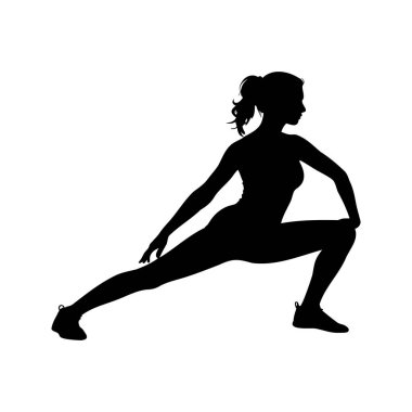 Spor kıyafeti giymiş, esneme egzersizi yapan bir kadının silüeti.