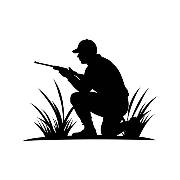 Силуэт охотника в поле с винтовкой наготове