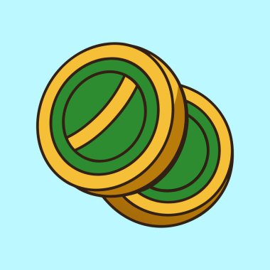 Açık mavi arkaplanda iki yığın yeşil ve altın sikke.