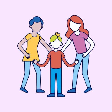 Bir çocuk ve iki yetişkinin olduğu bir aile kucaklaşmasının çizgi film çizimi.