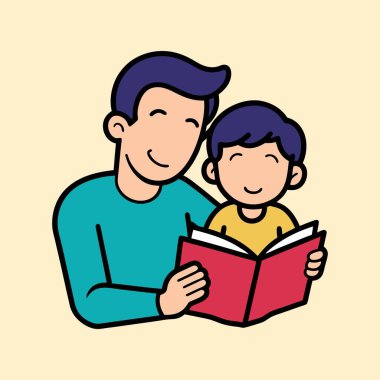 Baba ve oğul mutlu bir şekilde birlikte kitap okuyorlar, aile bağlarını destekliyorlar.