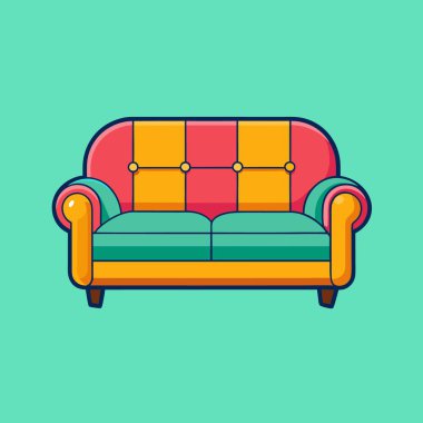 Canlı renk şeması olan eski moda bir kanepenin karikatür çizimi