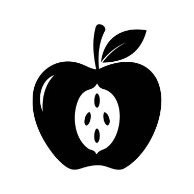 Beyaz arkaplanda yapraklı ve tohumlu yarım elma çizimi