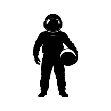 Beyaz arka planda duran ve kaskını tutan bir astronotun silueti.