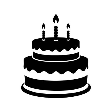 Katı siyah bir siluette üç mum bulunan iki katlı doğum günü pastası.