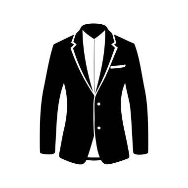 İki düğmeli siyah ceket ve beyaz süslemeli, klasik bir tasarım.