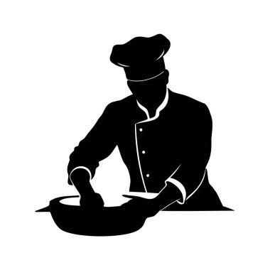 Bir şefin silueti büyük bir tencerede yemek pişirir ve karışımı karıştırır.