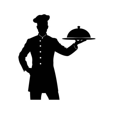 Beyaz Arkaplanda Kapalı Tabak Tutan Şefin Siyah Silueti