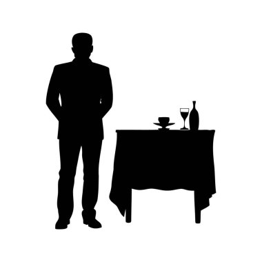 Akşam yemeği için bir masanın yanında duran takım elbiseli bir adamın silueti.