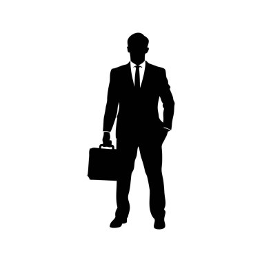 Beyaz arka planda evrak çantası tutan takım elbiseli bir iş adamının silueti.