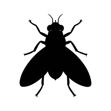 Beyaz zemin üzerinde kanatları ve bacakları olan siyah sineğin silüeti