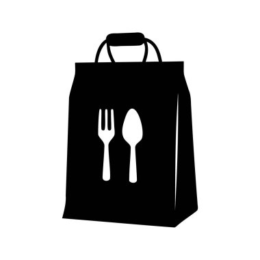Çatal ve kaşık ikonlu siyah beyaz yemek torbası.