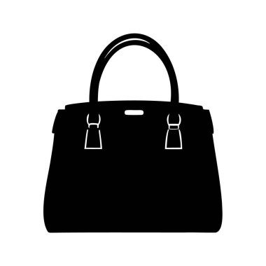 Şık bir el çantasının silüet çizimi, beyaz arka planda siyah, minimal tasarım