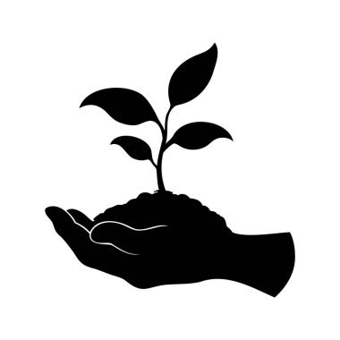 Tohum tohumu ile toprağı tutan bir elin silüeti, büyümeyi ve umudu simgeliyor.