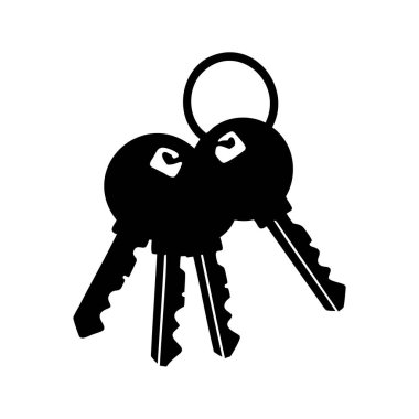 Üç anahtar taşıyan bir anahtarlığın stilize edilmiş siyah beyaz çizimi