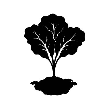 Topraktan büyüyen yapraklı bir ağacın basit minimalist siyah silueti.