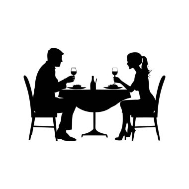 Şık bir şekilde şarapla romantik bir akşam yemeğinin tadını çıkaran çiftlerin silueti.