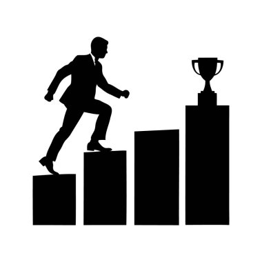 İş adamlarının silueti kariyer başarısını simgeleyen kupa basamaklarına tırmanıyor.