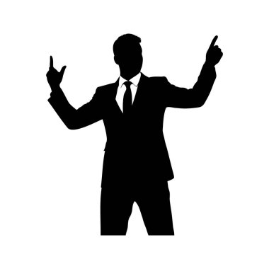 Bir işadamının silueti yukarı doğru işaret ediyor ve el hareketi yapıyor.