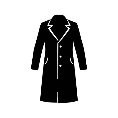 Beyaz yakalı parlak siyah palto, cepleri ve düğmeleri var.