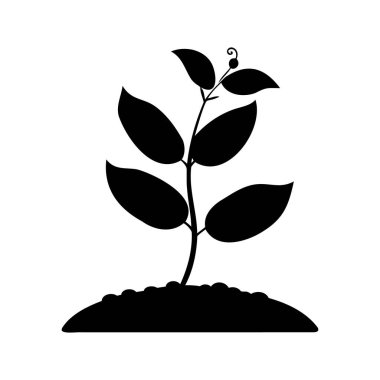 Yerden büyüyen genç bir bitkinin siyah silueti, minimalist tarzda.