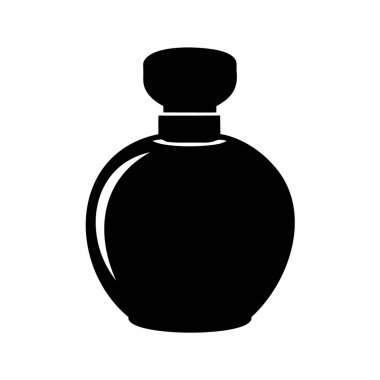 Beyaz arka planda yuvarlak bir parfüm şişesinin zarif siyah silüeti.
