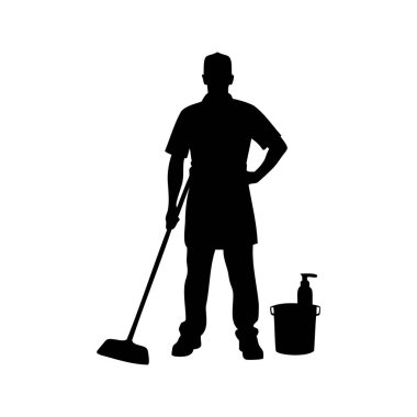 Üniformalı bir adamın silueti paspas ve kovayla temizlik yapıyor.