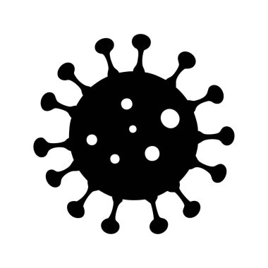 Sivri uçlu ve iç yapıları olan siyah-beyaz bir koronavirüs sembolü.