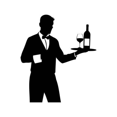 Smokinli, şarap şişesi ve camlı bir garsonun silueti.