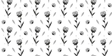 Çiçeksiz arka plan. Minimalist soyut çiçek deseni. Siyah beyaz arka planda modern baskı. Tekstil tasarımı, duvar kağıdı, kapaklar, kartlar, davetiyeler ve posterler için ideal.