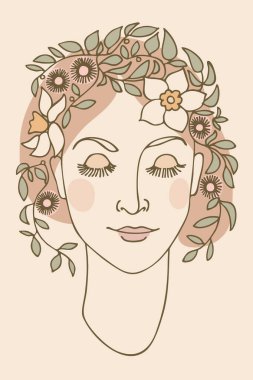 Güzel kadın yüzü, bahar resmi, çiçek ve yapraklı çizgi sanatı. Posterler, kartlar ve pastel renkli tasarımlar için.
