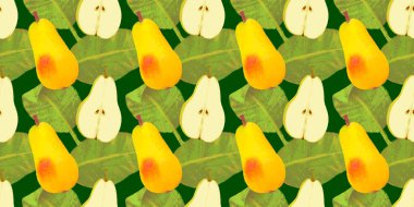 Kusursuz armut deseni. Sarı armutlar. Koyu yeşil arka planda yaprakları olan meyve ve parçalar..