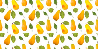 Kusursuz armut deseni. Beyaz arka planda yaprakları olan sarı armut meyvesi. Taze meyve. Tekstil, kumaş, kağıt, duvar kağıdı, ambalaj için yinelenen arkaplan.