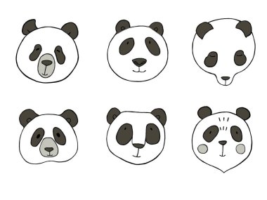 Pandanın yüzü, altı karakter, siyah beyaz çizim. Clipart simgesi, Sevimli Hayvanlar Takımı. Panda illüstrasyonu, çıkartmalar, kıyafet baskıları veya kartlar için mükemmel.
