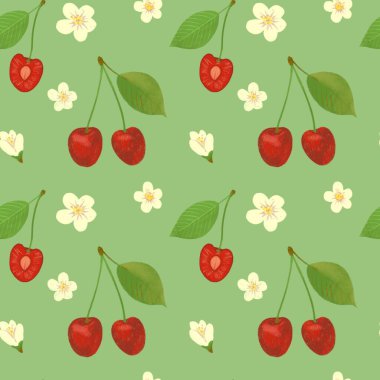 Yeşil yapraklı kırmızı kiraz meyveli pürüzsüz desen. Renkli arka planda beyaz çiçekler..