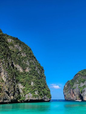 Plajda güneşli bir gün. Arkasında kaya oluşumları ve bitki örtüsü olan berrak turkuaz bir su. Maya Körfezi, Tayland.