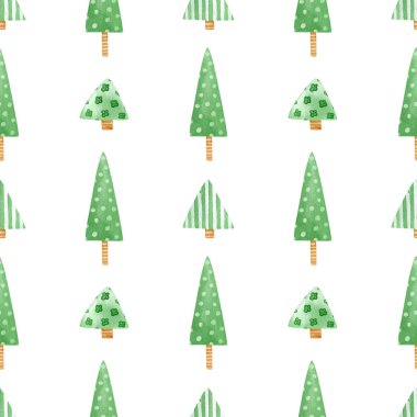 Kusursuz noel ağacı deseni. Karikatür yeşil noel ağaçları ile suluboya tatil arka planı ambalaj kağıdı, tekstil