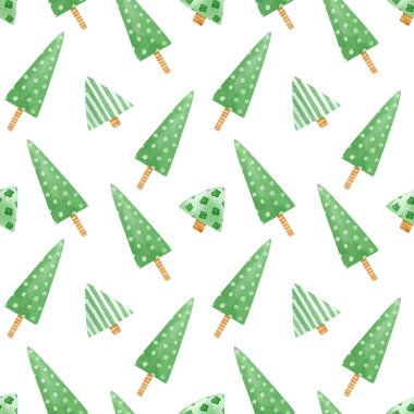 Kusursuz noel ağacı deseni. Karikatür içeren suluboya bayramlar arkaplan kağıdı ve tekstil için noktalı yeşil noel ağaçları