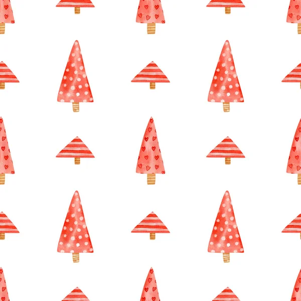 Nahtloses Weihnachtsbaummuster Aquarell Urlaub Hintergrund Mit Niedlichen Cartoon Rote Weihnachtsbäume — Stockfoto