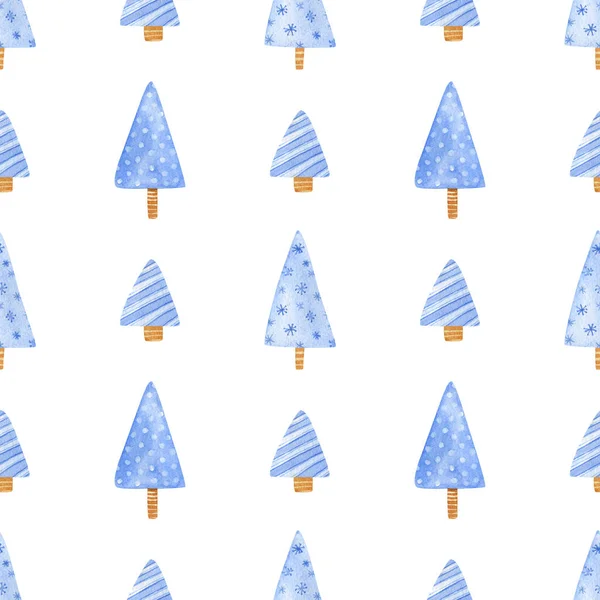 Nahtloses Weihnachtsbaummuster Aquarell Hintergrund Mit Cartoon Blauen Weihnachtsbäumen Mit Verschiedenen — Stockfoto
