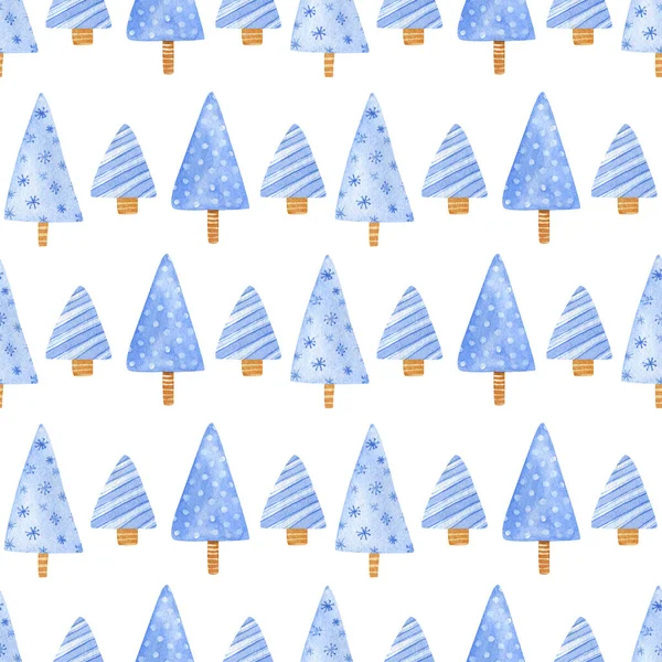 シームレスなクリスマスツリー漫画のパターン ライン 雪の結晶 包装紙のためのドットと様々なテクスチャを持つかわいい青いクリスマスツリーと水彩の背景 — ストック写真